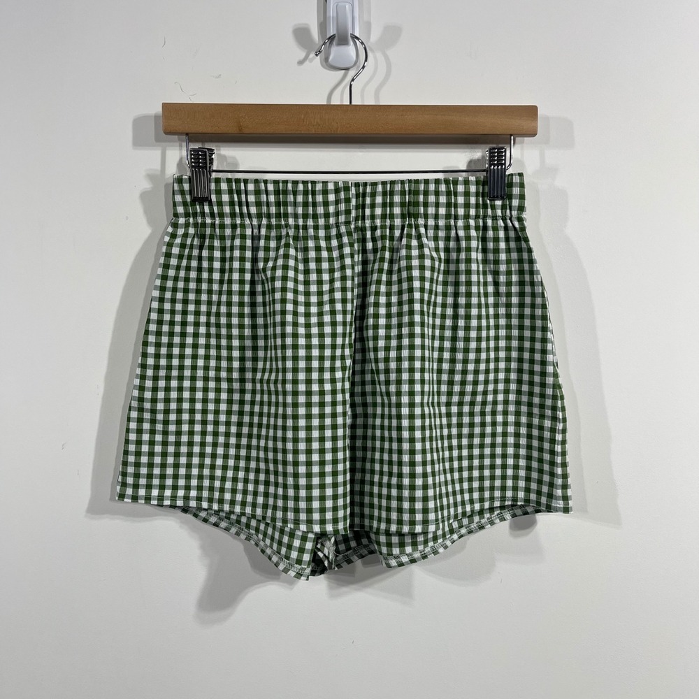 SHEIN Green Gingham Seersucker High Waisted Elastic Shorts Womens Medium Preppy